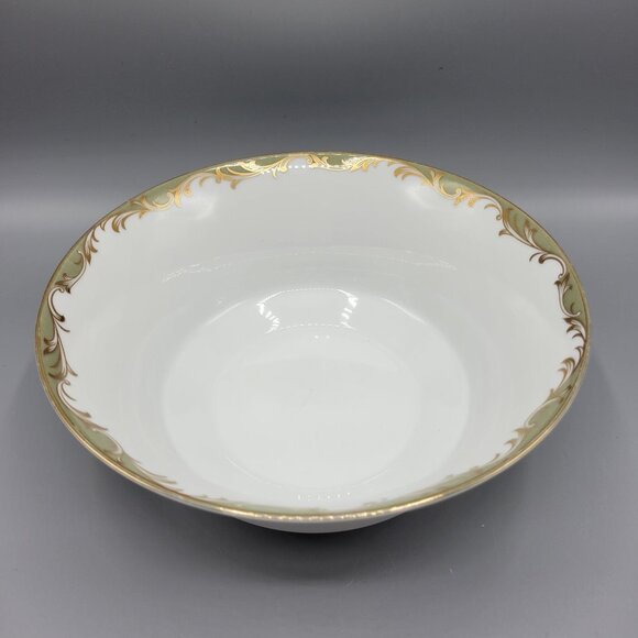 Vintage Sango China Chateau 3627 Rimmed Serving Bowl Gold Green Scrolls 9" Japan - Picture 7 of 8